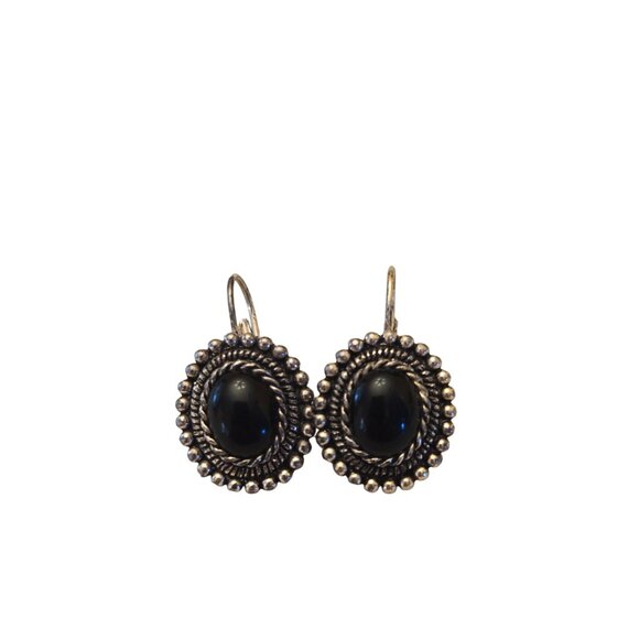 Vintage Silver Black Cabochon Drop Earrings With Ornate Rope Design - Picture 2 of 3